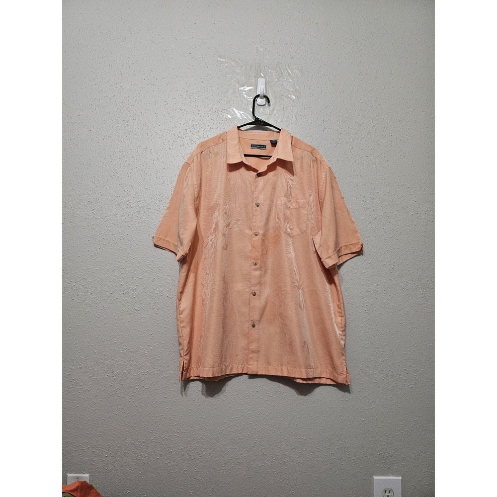 Cubavera Mens XXL Peach Tropical Palm Jacquard Button Up Shirt Resort Aloha
